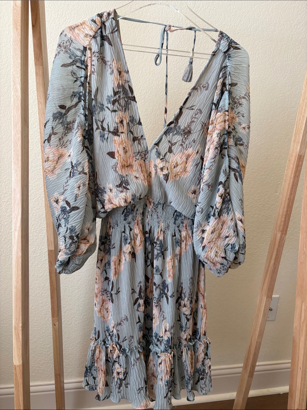 Lulu's Light Blue Floral Smocked-Waist V-Neck Long Sleeve Dress